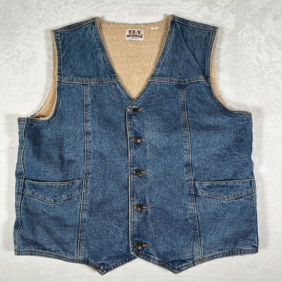 VTG Ely Outerwear Vest Men Size XXL Denim Sherpa Lined Pockets 80s 90s GUC - Picture 1 of 7